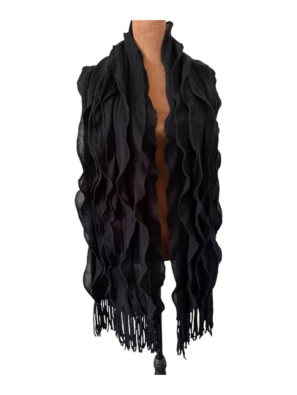 Cashmere Showroom Black Ruffle Fringe Knit Shawl Wrap Scarf ~ 75”